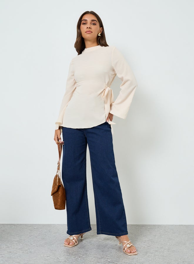 ستايلي بلوزة نسائية بأكمام طويلة وربطة خصر بلون بيج - Image 1